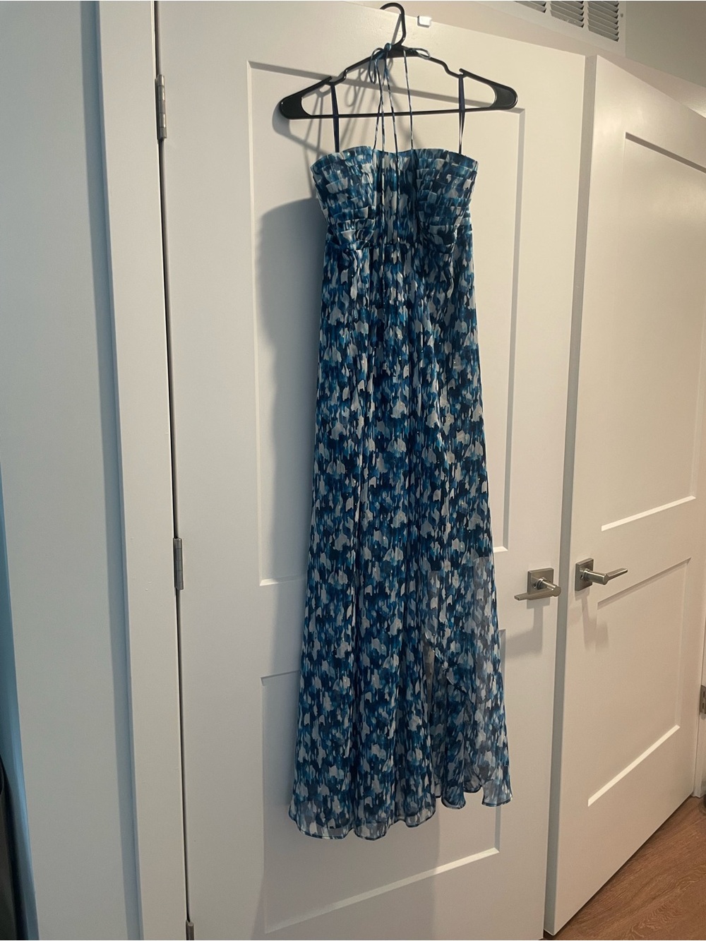 White House Black Market Turquoise, White & Navy Strapless Maxi Dress